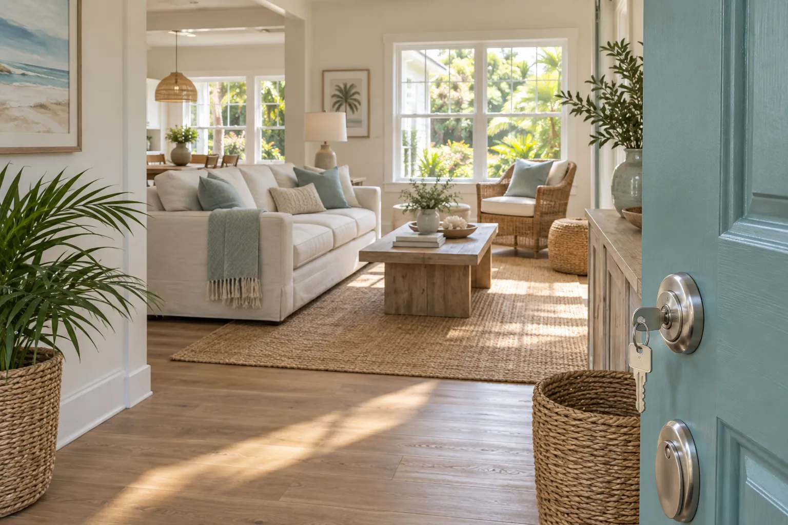 Illustrative home-buying scene: an open front door and keys leading into an airy living room.