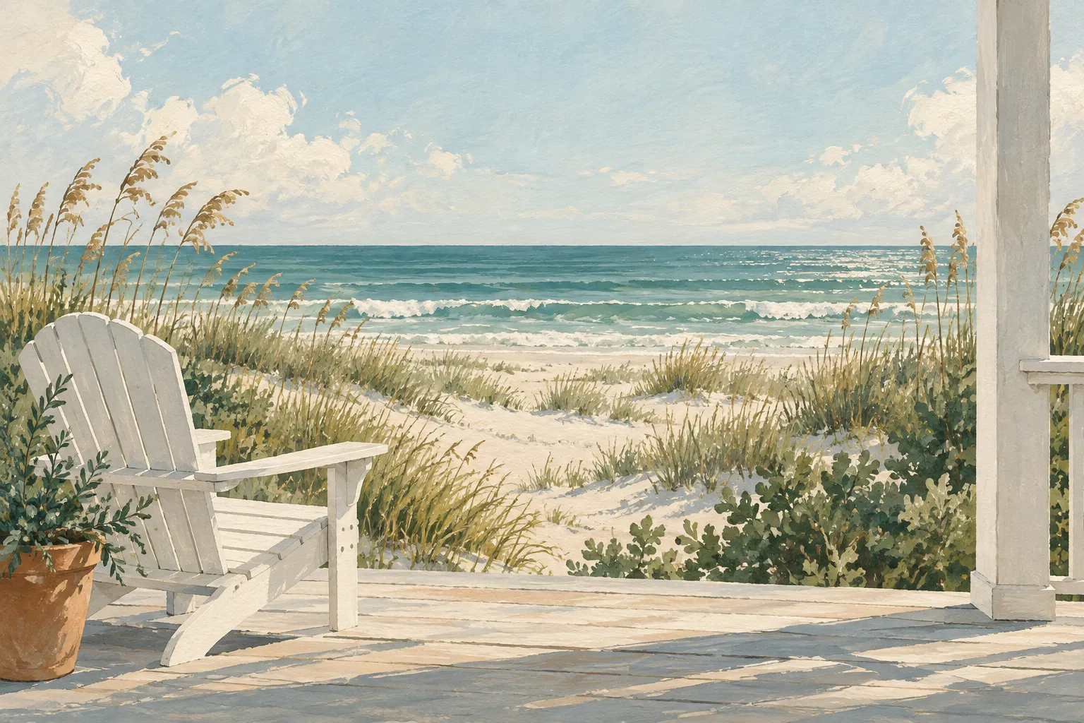 An artistic coastal view from a white porch with an Adirondack chair facing the beach.