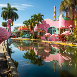 fantasy art of flamingos around florida attractions